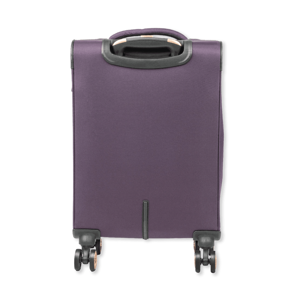 Purple suitcase with wheels on a white background