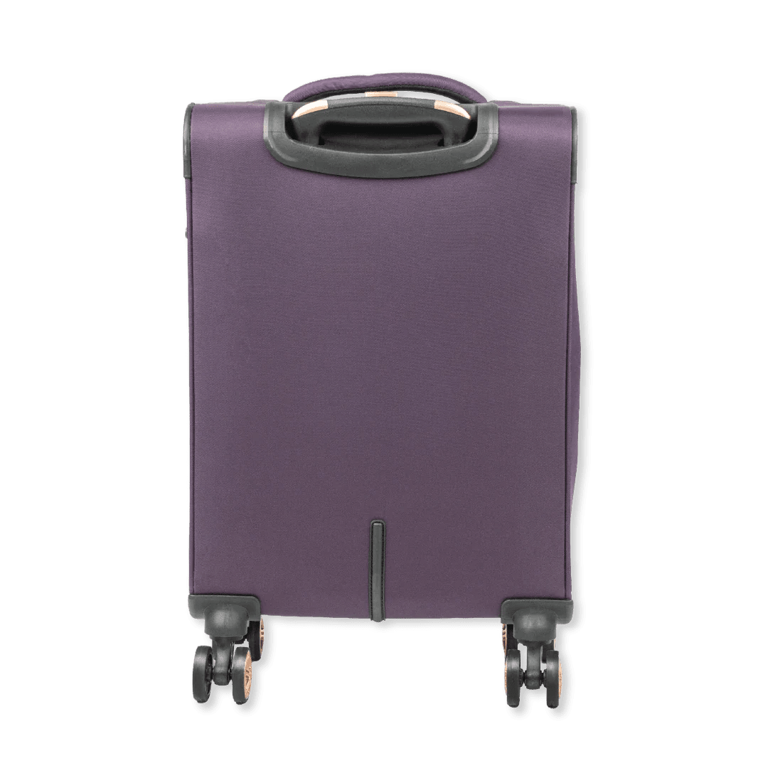 Purple suitcase with wheels on a white background