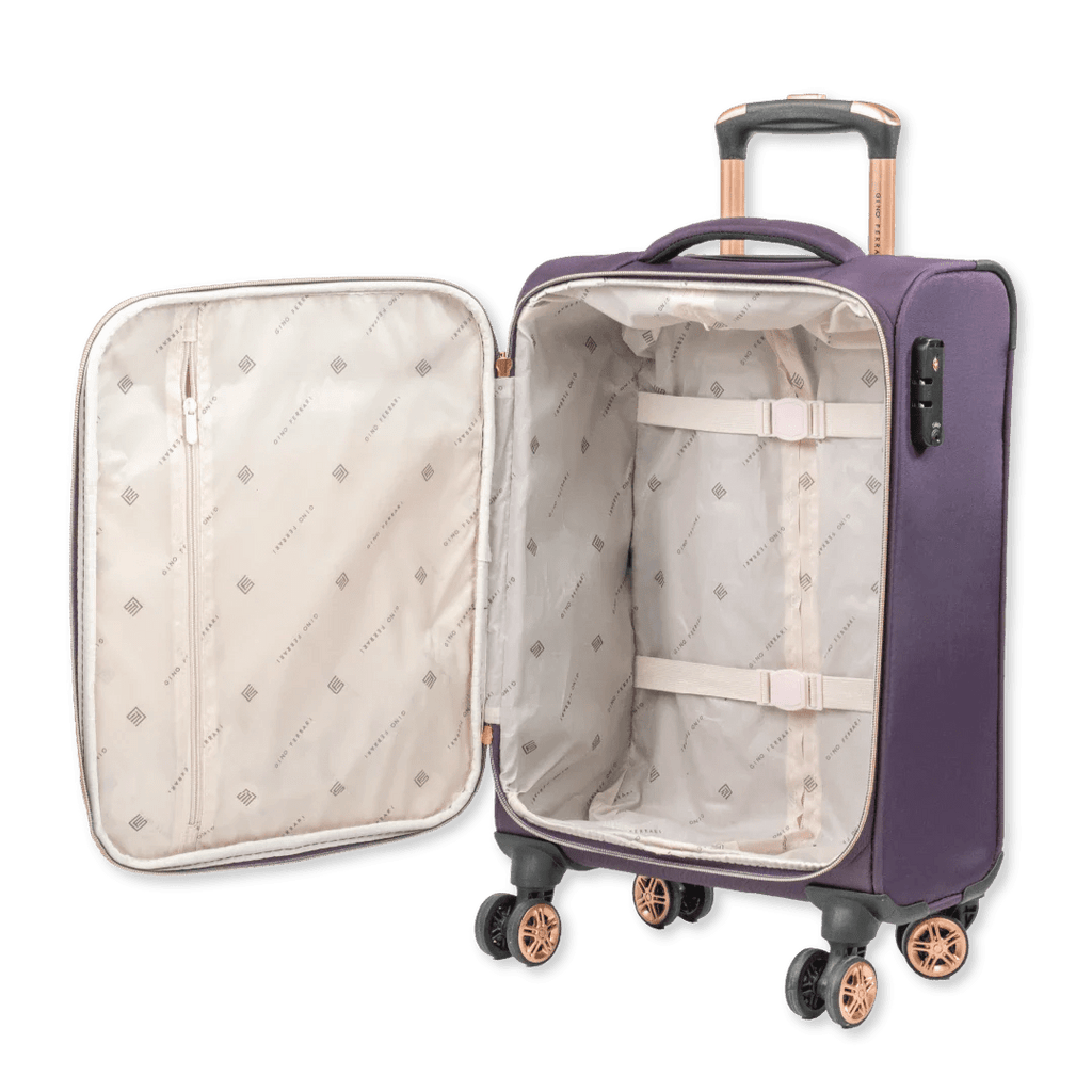 Purple suitcase with open lid showing quilted interior on a white background