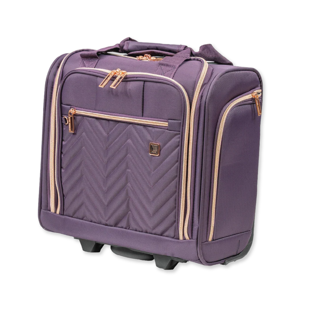 Purple suitcase with gold accents on a white background