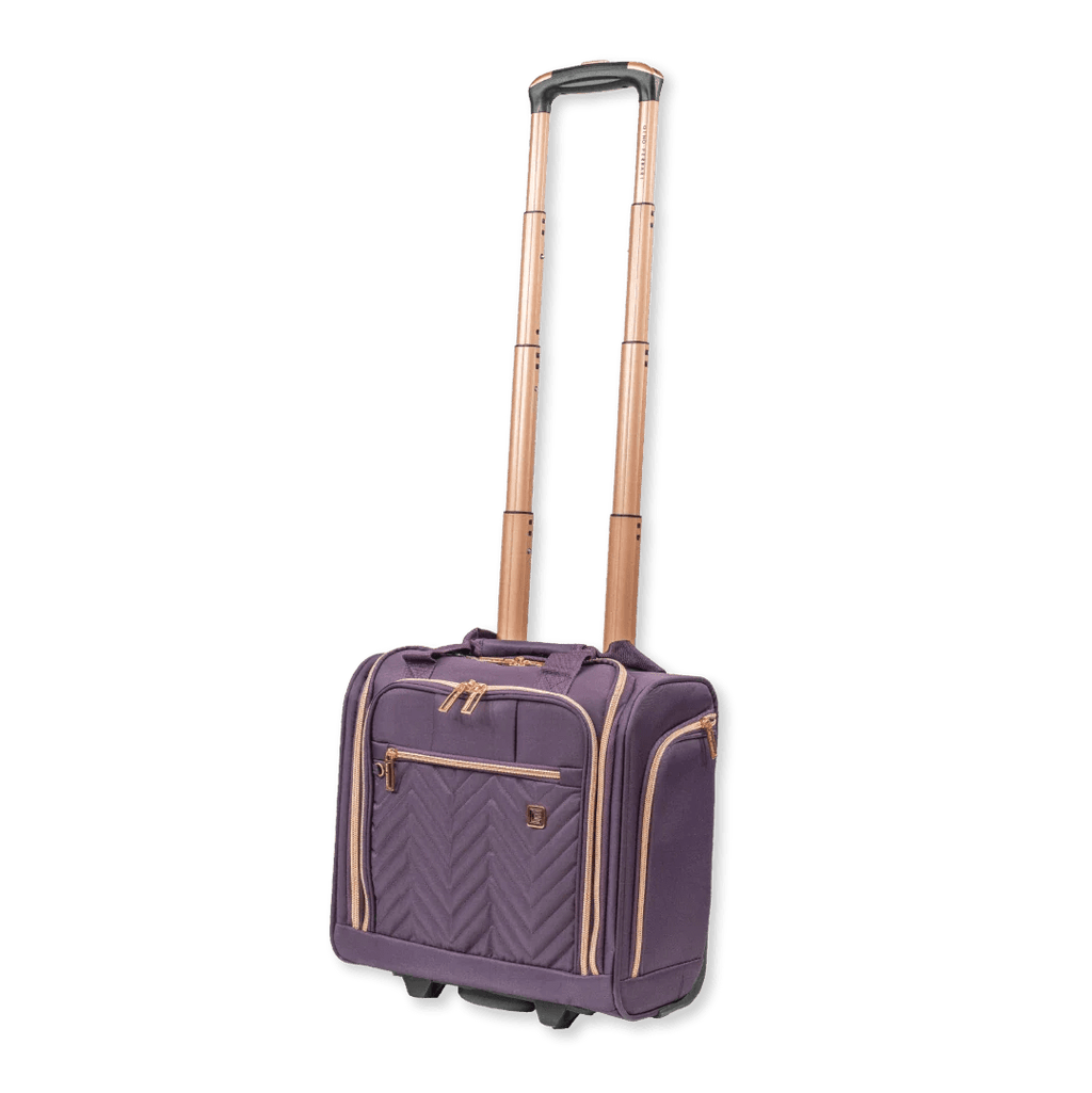 Purple suitcase with gold accents on a white background