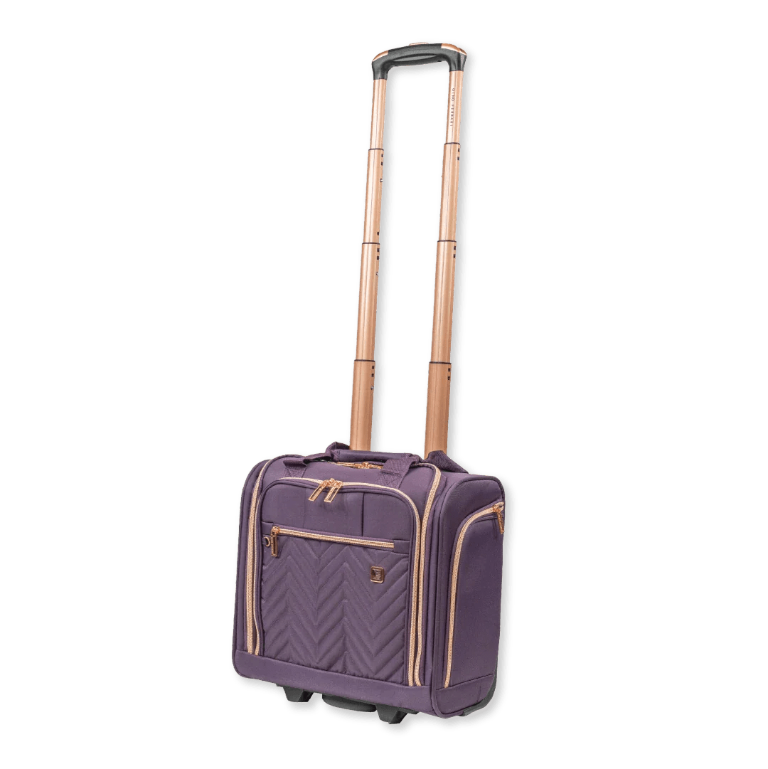 Purple suitcase with gold accents on a white background
