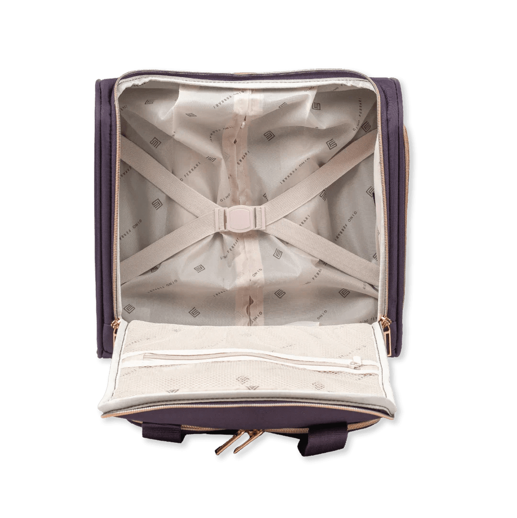 Open suitcase showing white interior and storage space on a white background