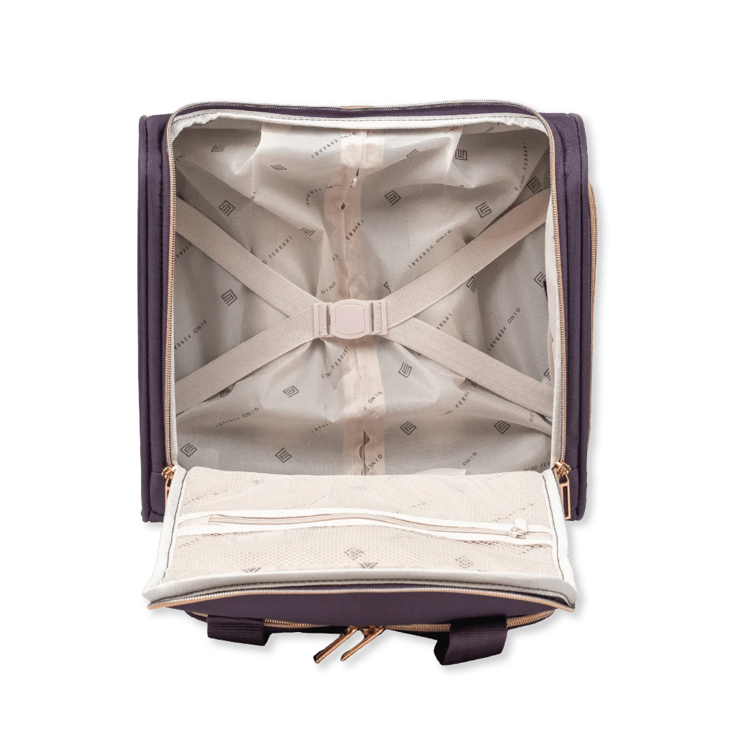 Open suitcase showing white interior and storage space on a white background