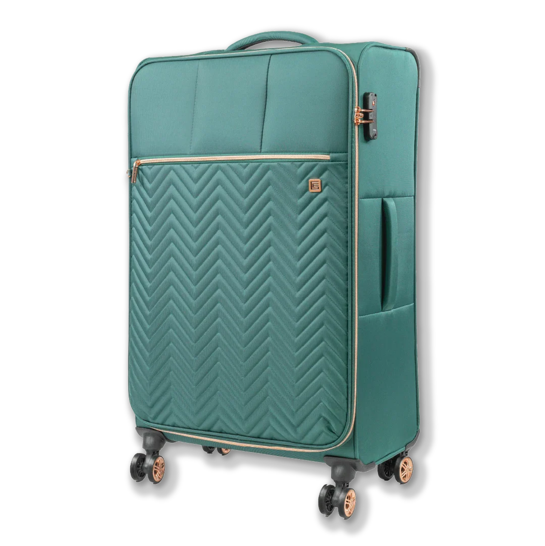 Teal suitcase with a chevron pattern on a white background