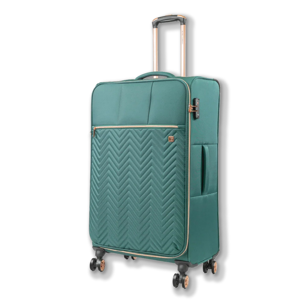 Teal suitcase with gold accents on a white background