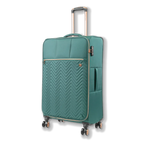 Teal suitcase with gold accents on a white background