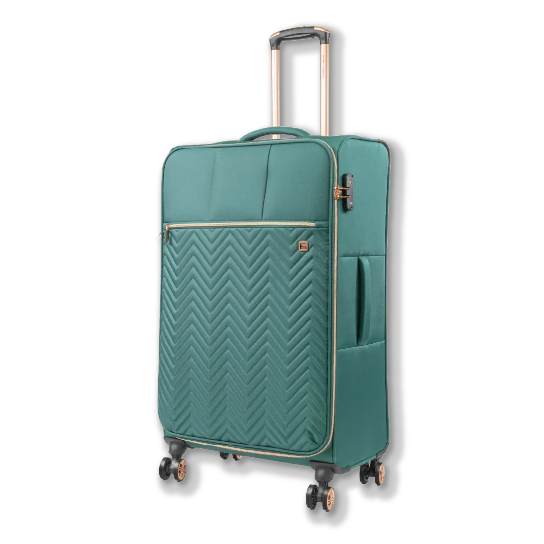 Teal suitcase with gold accents on a white background
