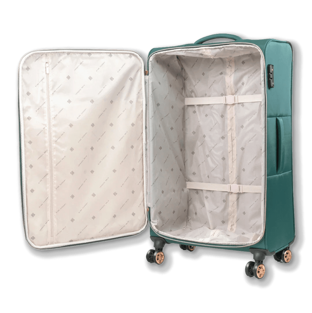 Open teal suitcase with white interior on a white background