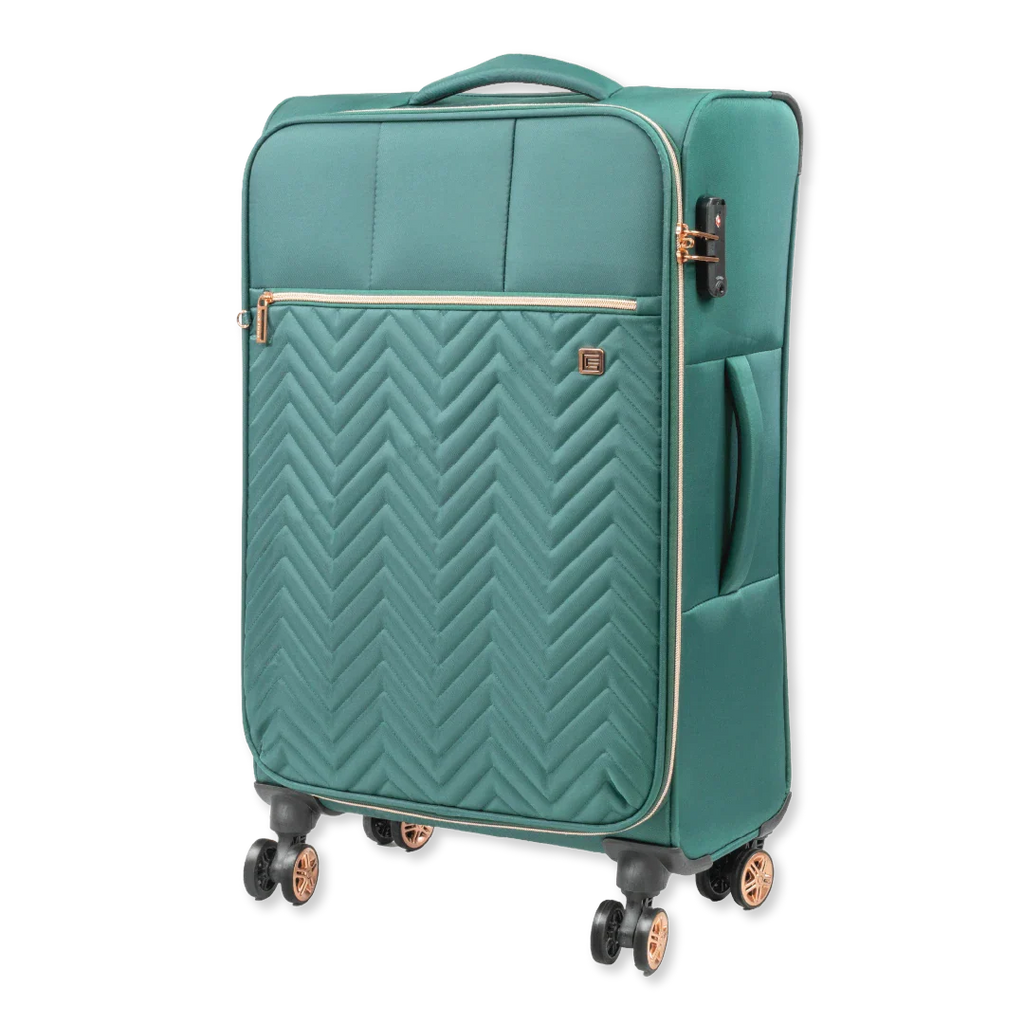 Teal suitcase with a chevron pattern on a white background