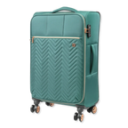 Teal suitcase with a chevron pattern on a white background