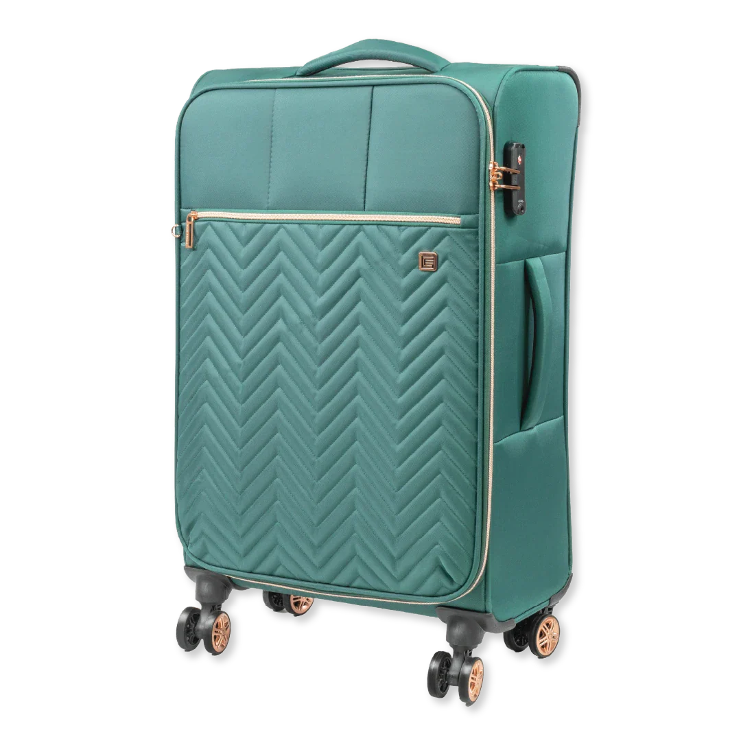 Teal suitcase with a chevron pattern on a white background
