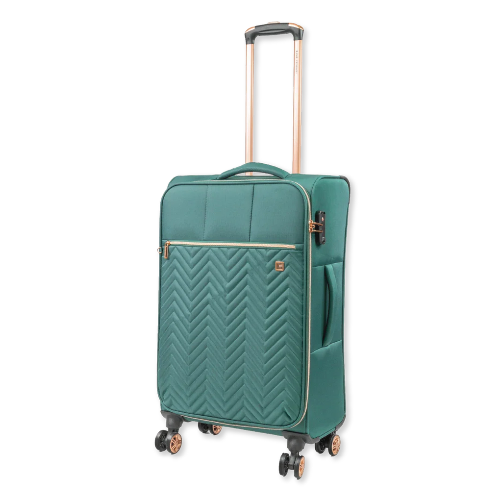 Green suitcase with a chevron pattern on a white background