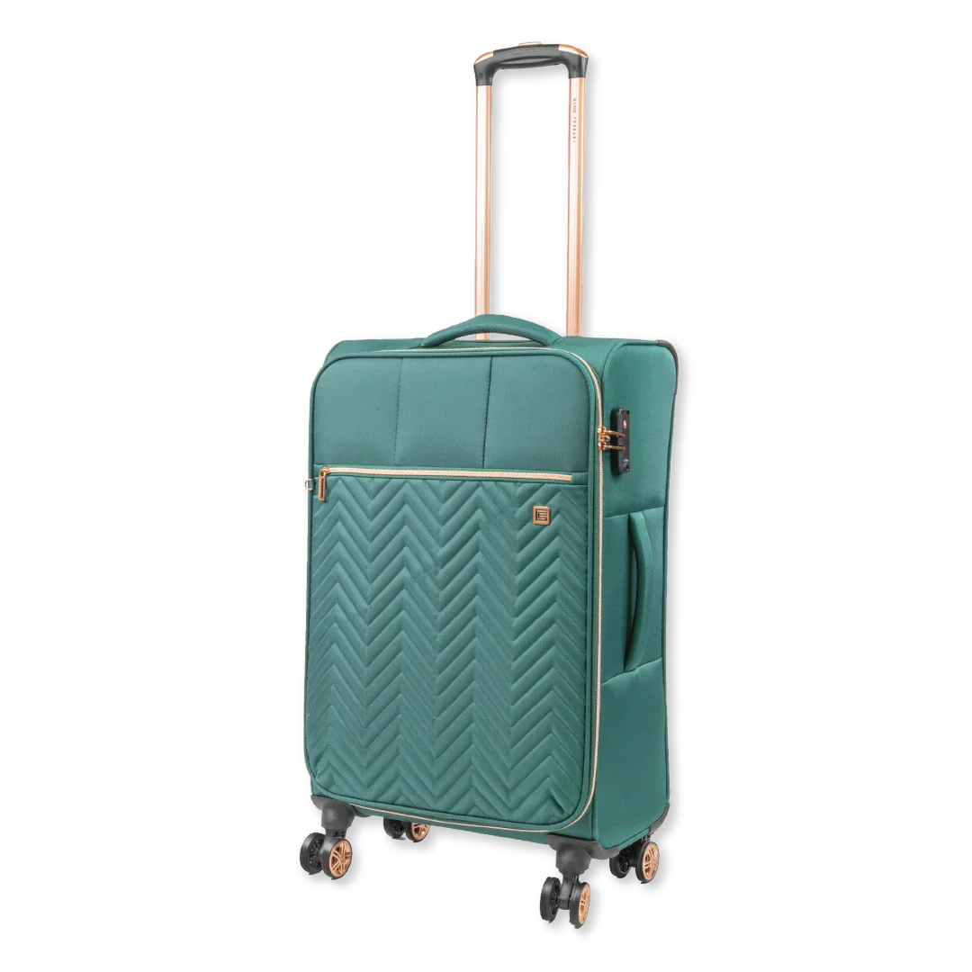 Green suitcase with a chevron pattern on a white background