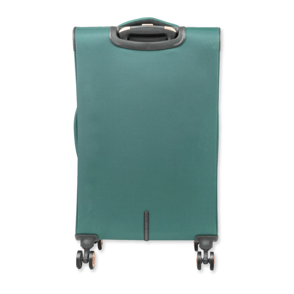 Green suitcase with wheels on a white background