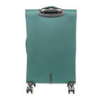 Green suitcase with wheels on a white background