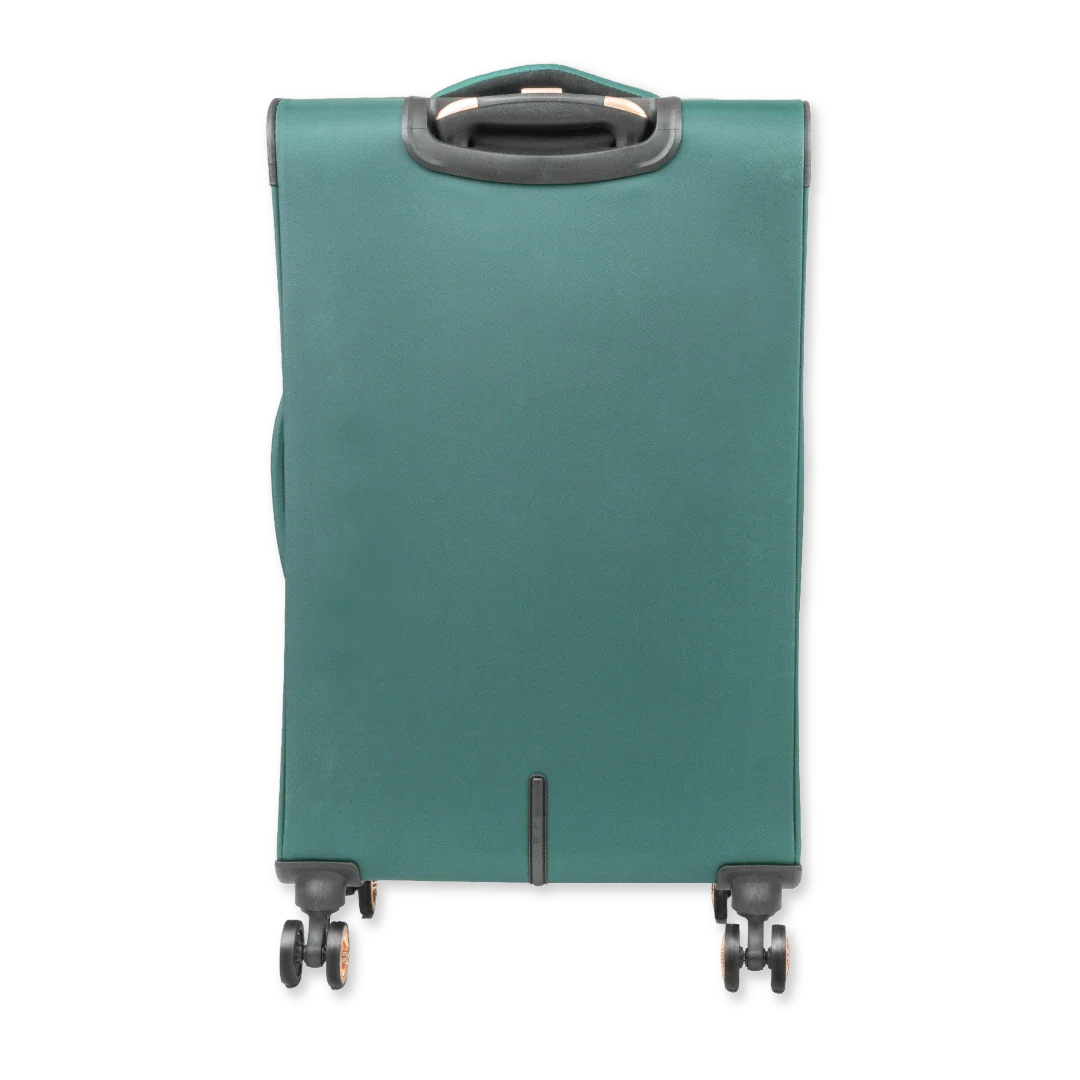 Green suitcase with wheels on a white background