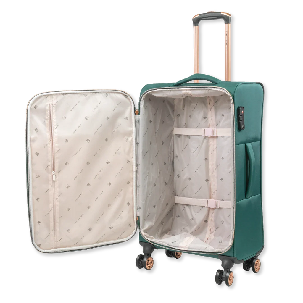Green suitcase with open lid on a white background