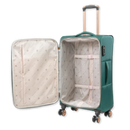 Green suitcase with open lid on a white background