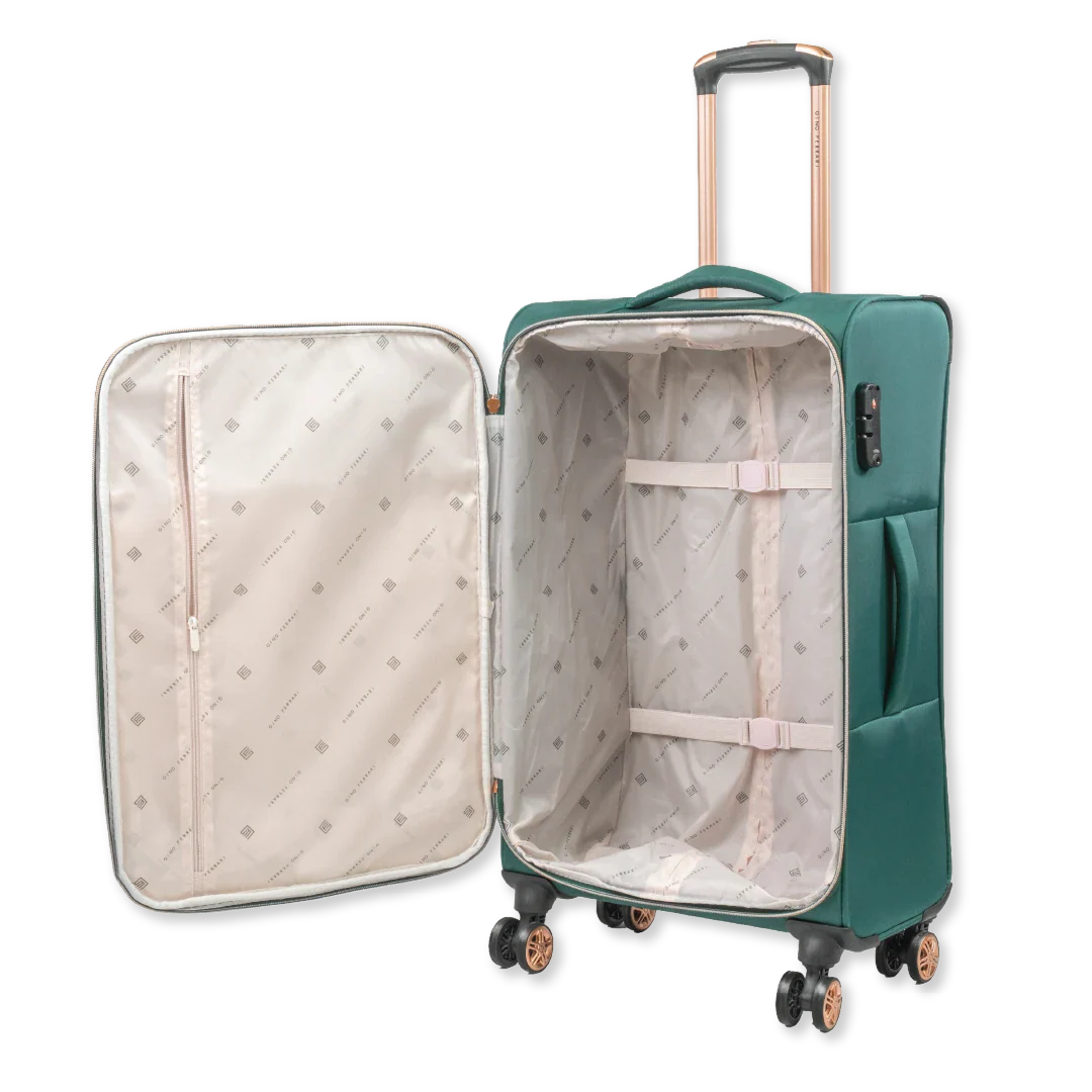 Green suitcase with open lid on a white background