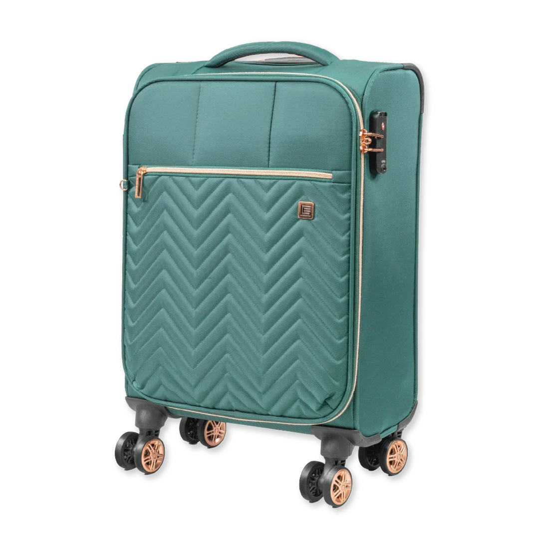 Teal suitcase with chevron pattern and gold accents on a white background