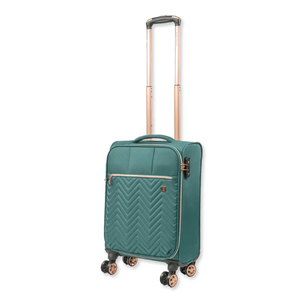 Green suitcase with rose gold accents on a white background