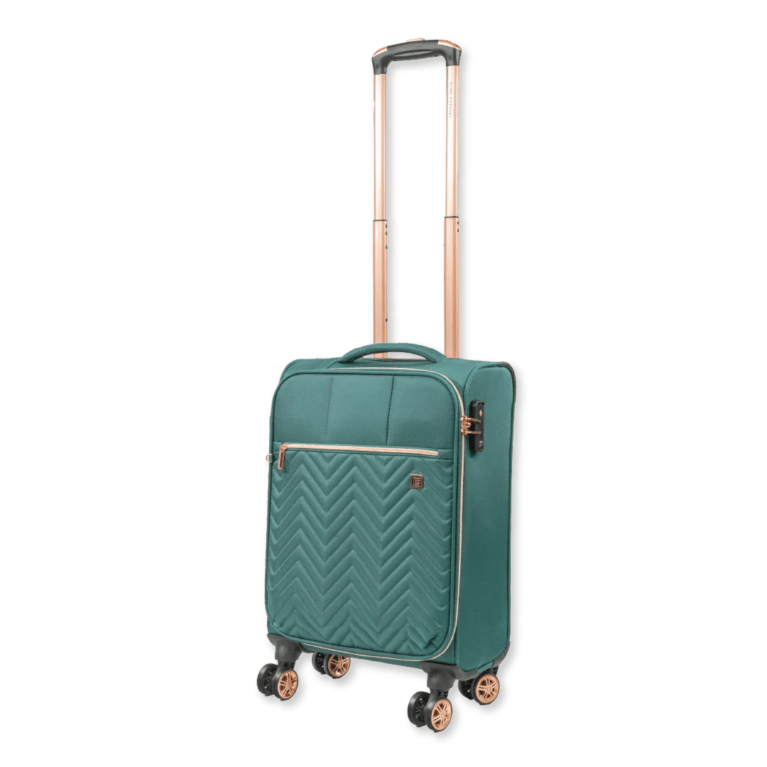 Green suitcase with rose gold accents on a white background