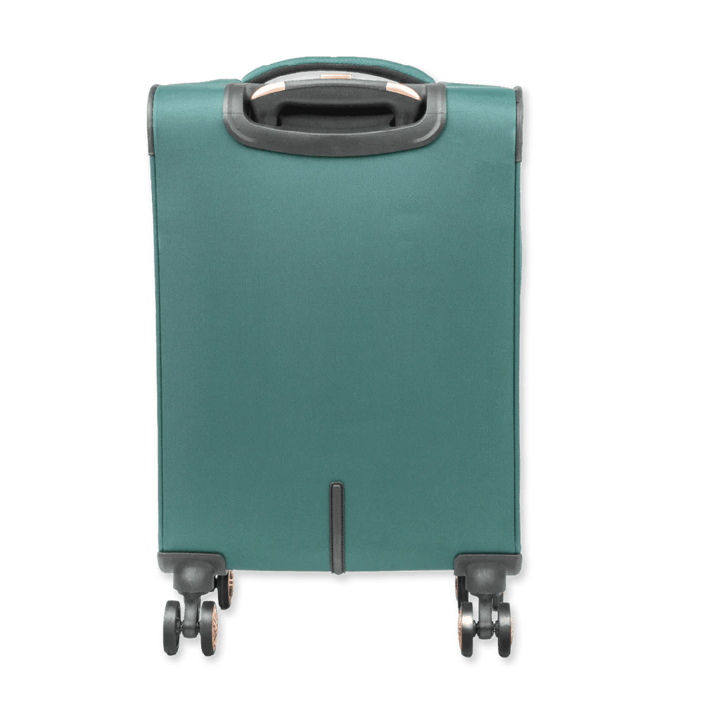 Green suitcase with wheels on a white background