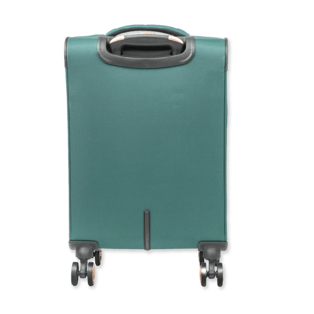 Green suitcase with wheels on a white background