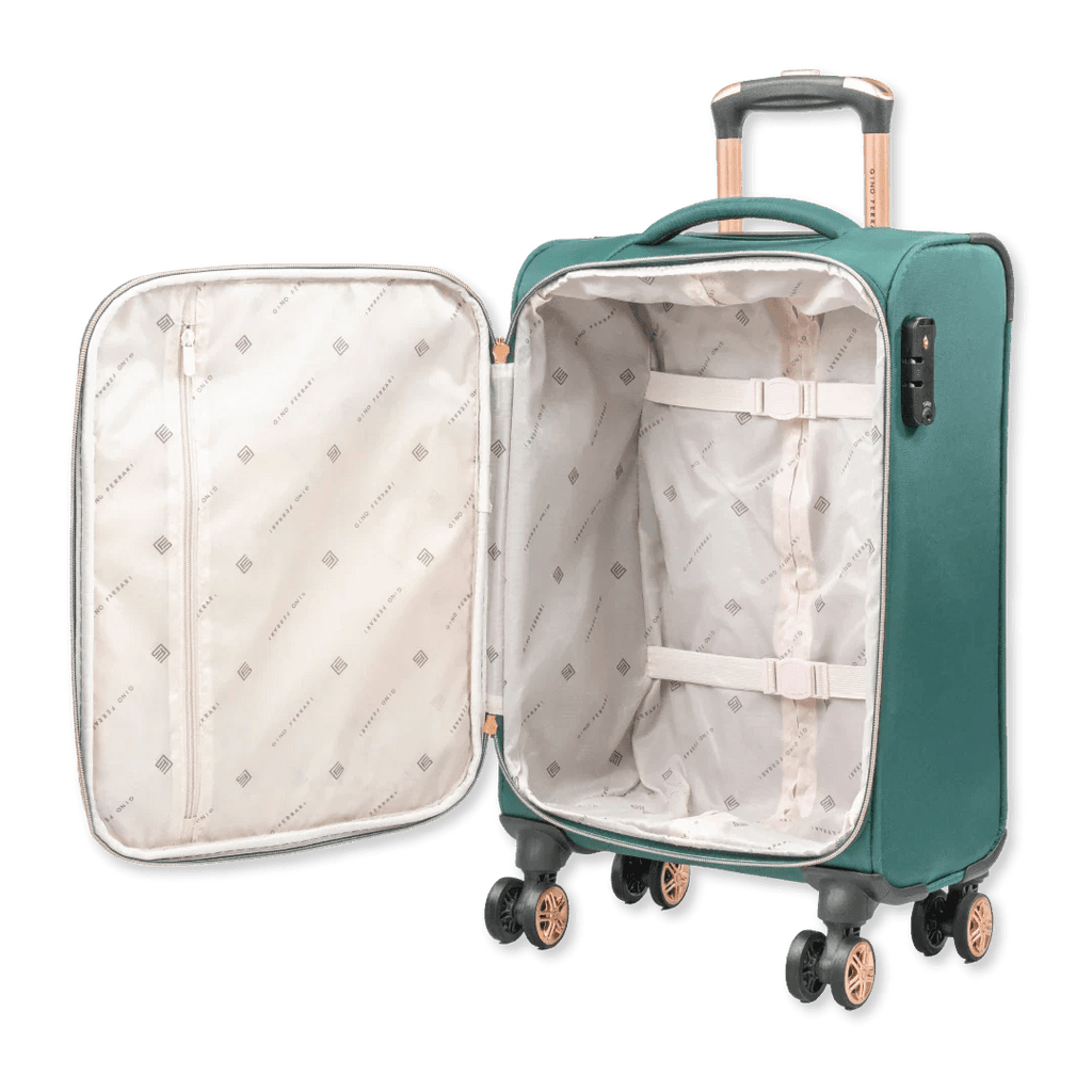 Green suitcase with open lid on a white background