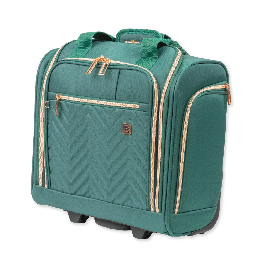 Green suitcase with gold accents on a white background