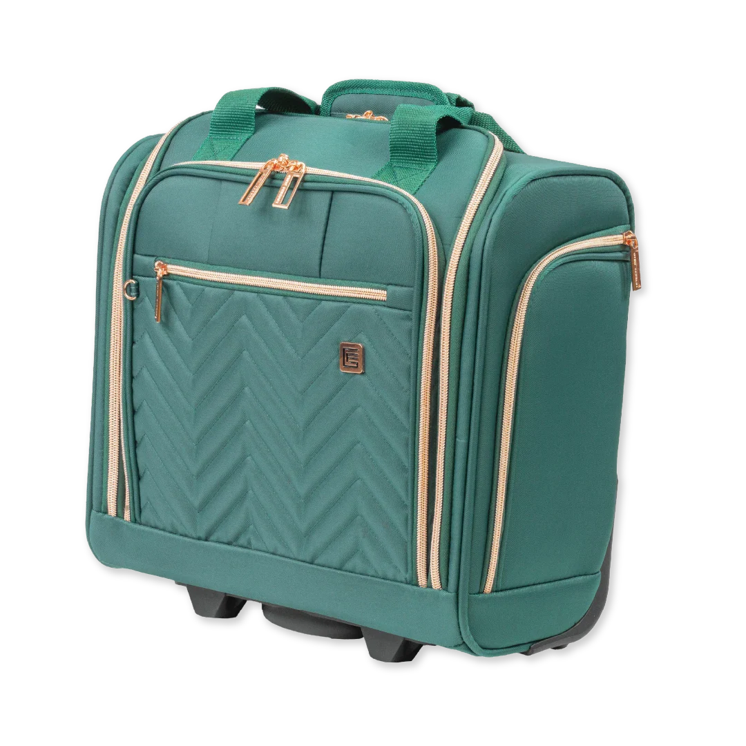 Green suitcase with gold accents on a white background