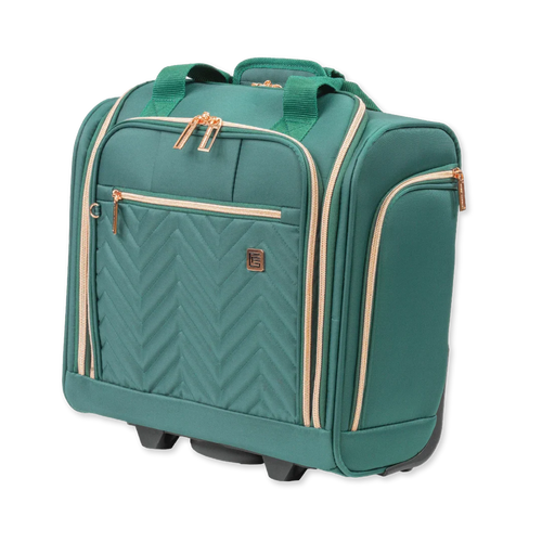 Green suitcase with gold accents on a white background