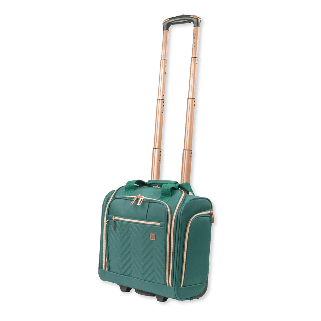 Green suitcase with gold accents on a white background