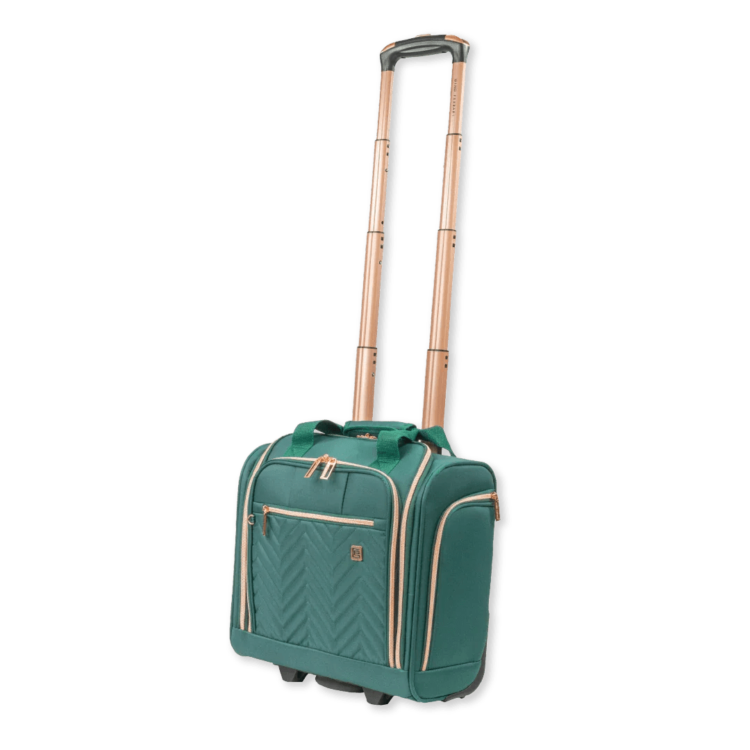 Green suitcase with gold accents on a white background