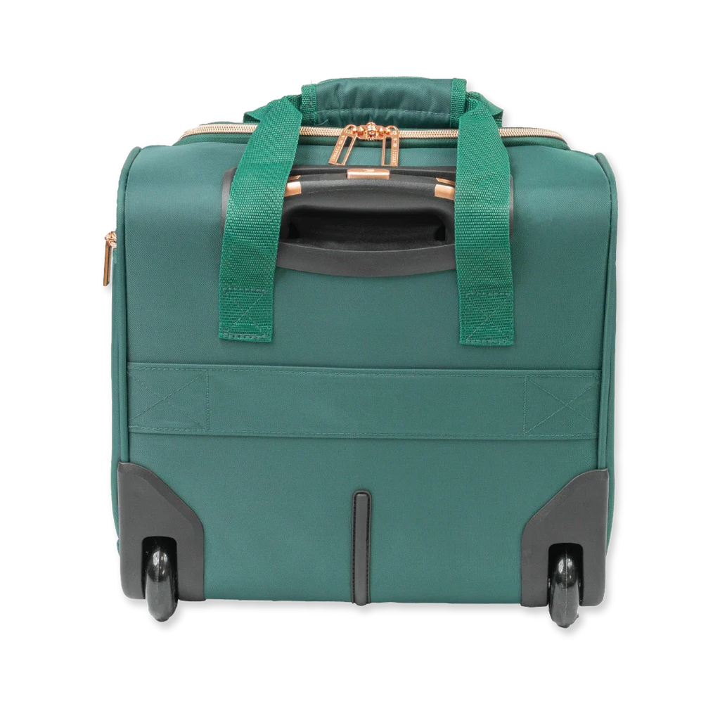 Green suitcase with green handles on a white background