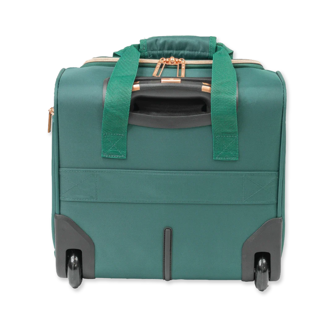 Green suitcase with green handles on a white background