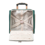 Green suitcase with a white shirt and beige pants inside on a white background