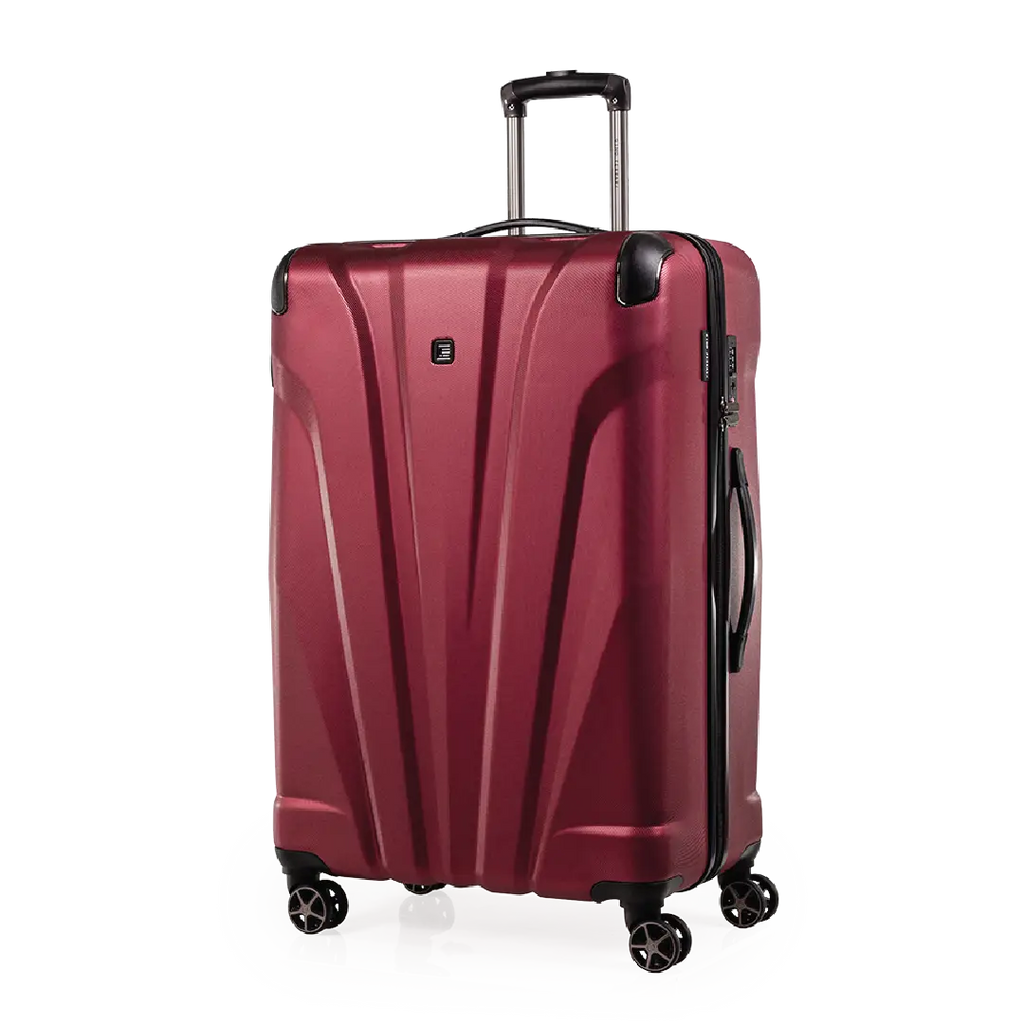 Red suitcase with a handle and wheels on a white background