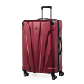 Red suitcase with a handle and wheels on a white background