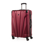 Red suitcase with a handle and wheels on a white background