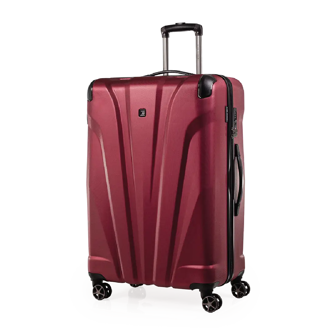 Red suitcase with a handle and wheels on a white background