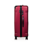 Red suitcase with a black handle on a white background