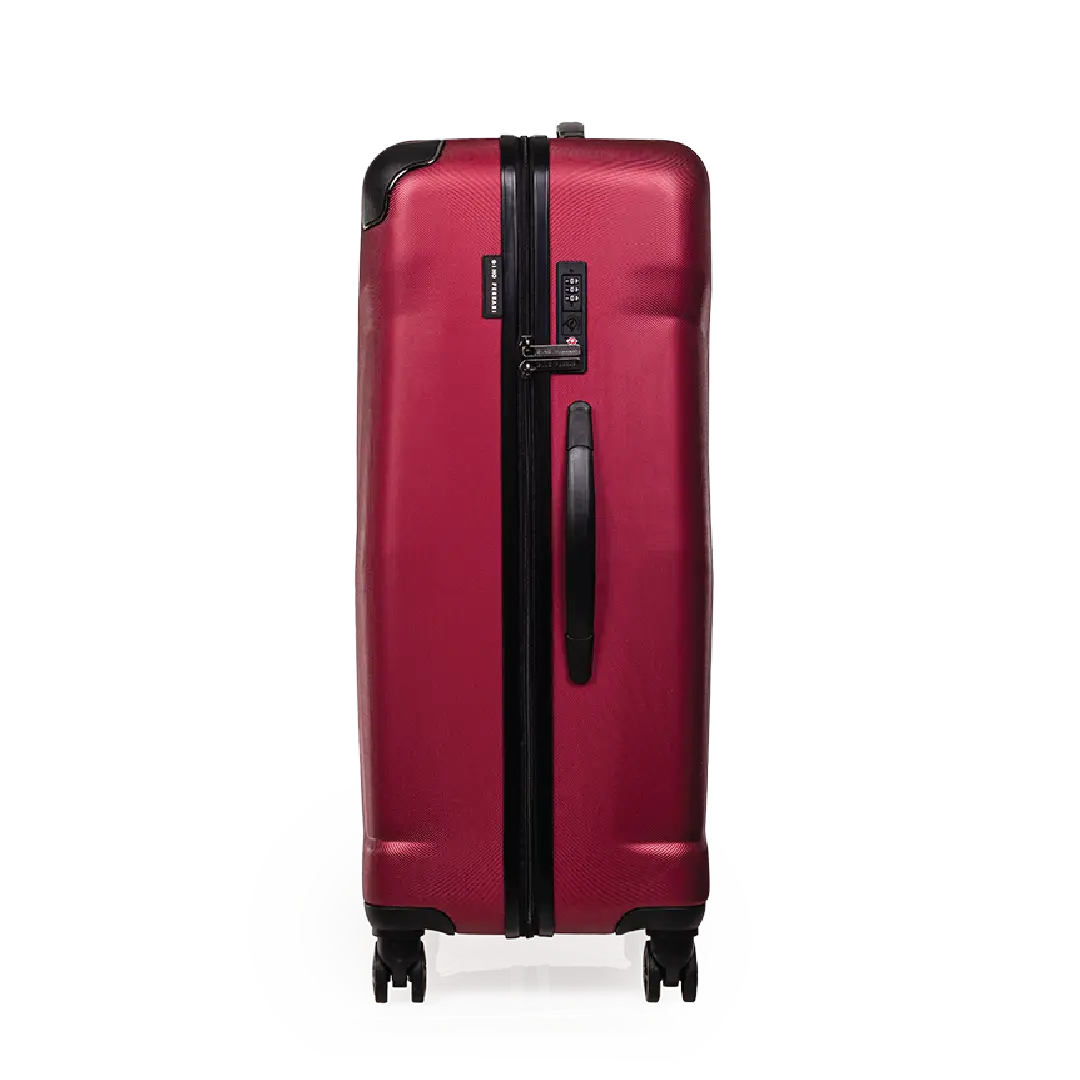 Red suitcase with a black handle on a white background
