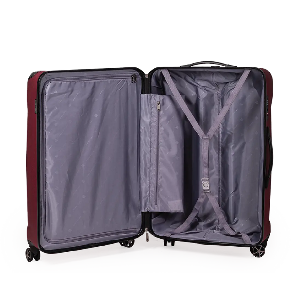 Open suitcase with grey interior on a white background