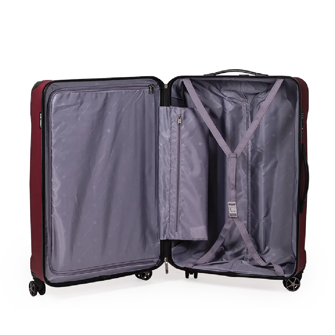 Open suitcase with grey interior on a white background