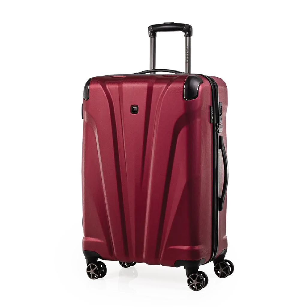 Red suitcase with black wheels and handle on a white background