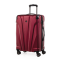 Red suitcase with black wheels and handle on a white background