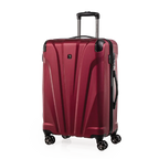 Red suitcase with black wheels and handle on a white background