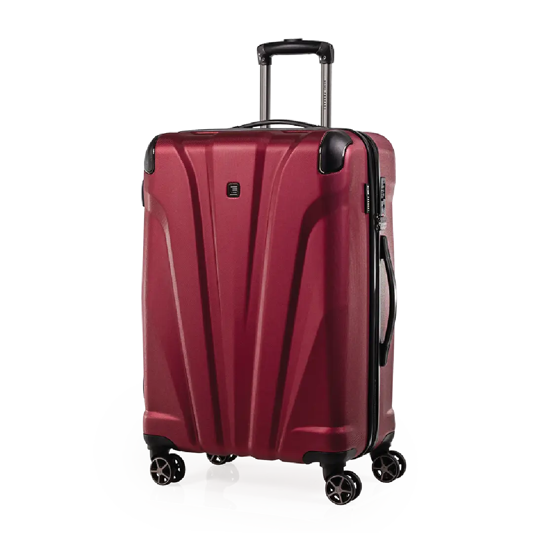 Red suitcase with black wheels and handle on a white background